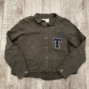 Zara Trafaluc TRF Army Green Utility Jacket Varsity Patch Eyelet Pocket Womens L